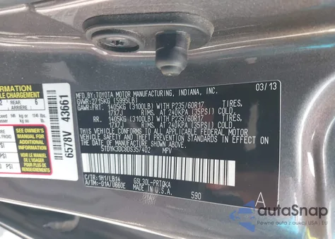 2013 Toyota Sienna Xle V6 8 Passenger z USA, uszkodzony, nr VIN 5TDYK3DC8DS357402